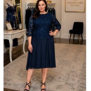 Alex Evenings 22W Navy Lace Chiffon Tea Length Formal Dress NWT